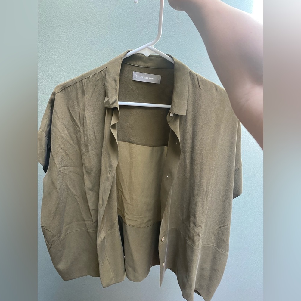 Everlane silk blouse olive green work once